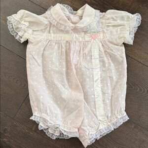 Pink Heart Baby Romper with Lace Trim - Vintage - 3-6 Months